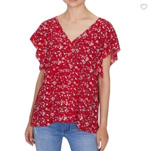 Sanctuary Red Short Sleeve  V Neck Flower Top ~ Large